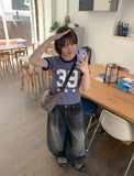 [unisex] Balon Lettering Washing Denim Black Blue Balloon Wide Pants
