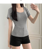 Deep U-neck Square Neck Slim Fit Short Sleeve T-Shirt