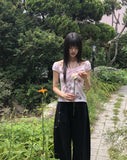 Rosen Flower Print Shirring Short Sleeve T-Shirt