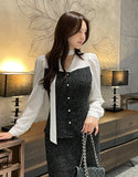 Benilla Color Matching Tweed Tie Blouse