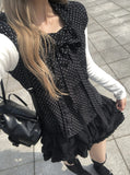 Lotte Dot Frill Ribbon Slim Short Sleeve Blouse