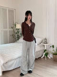 Toot lace layered button ribbed long sleeve knit