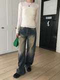 Wick Yellow Washing Slit Long Wide Denim Pants