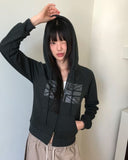 Jibil Cubic Printed Stars and Stripes Crop Long Sleeve Hood Zip-Up