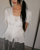 Etched puff ribbon pin tuck blouse