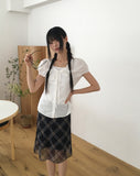 Atin Check Chiffon Lace Ribbon Midi Skirt