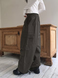 Zler Y2K Cargo Ribbon Two-Way Banding Cotton Long Jogger Wide Pants