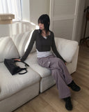 Blvi Button V-Neck Crop Long Sleeve T-Shirt