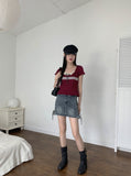 Killlove Vintage Lace Deep U-Neck Crop Short Sleeve Knit