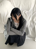 Rti Vintage V-neck Lace Hood Long Sleeve T-shirt