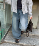 Pug washing wide denim pants