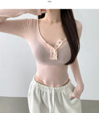 U-neck button-down see-through slim fit t-shirt
