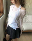 Mints Mother-of-Pearl Button Dot Halter Sleeveless Top