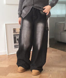 Mowell Black Washed Wide Cargo Denim Pants