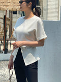 Duba Span Shirring Front Slit Short Sleeve T-shirt