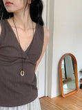 Ichi Deep V-Neck Lace Ribbed Wrap Sleeveless