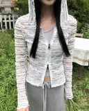 Efu slim fit two-way see-through lace hooded zip-up
