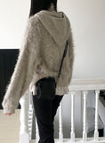 Soco Knitwear Color Matching Angora Fur Button Hood Cardigan