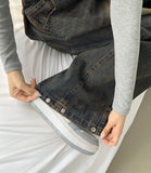 Folding Pin Tuck Hem Snap Balloon Fit Wide Fit Banding Denim Pants