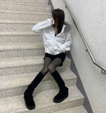 Brushed Two-Way Embroidered Lettering Loose Fit Fur Hood Zip-Up