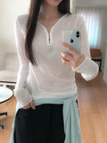 Lower See-through Hook V-Neck Long Sleeve