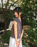 Aceh Dot Shirring Ribbon Cap Sleeve Short Sleeve T-Shirt