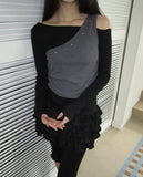 [Fake Layered] Linshu Studded Color Matching Brushed Long-Sleeve T-Shirt