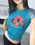 Harpin Flower Print Blue Short Sleeve T-Shirt