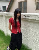 Plain Wrinkle Wave Button Short Sleeve Cardigan