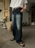 Deep blue washing wide denim