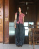 Trin Check Shirring Puff Blouse