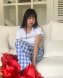 Khark Checkered Pintuck Banding Long Wide Pants
