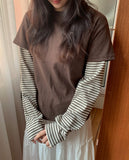 [BAONHAUS] Crein Stripe Color Matching Layered Long Sleeve Tee
