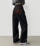Raw Unique Red Stitch Heart Point Embroidery Wide Denim Pants