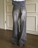 Watone Back Cut Washing Gray Long Wide Denim Pants