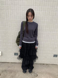 Samen Frill Tulle Banding Midi Skirt
