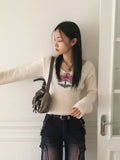 Claim Deep U-Neck Flower Slim Long Sleeve Knit
