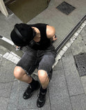 Adjust cut black denim bermuda pants