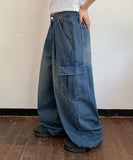 Senmo washed denim banding wide cargo pants