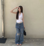 Distressed Ripped Jeans Straight Wide Denim