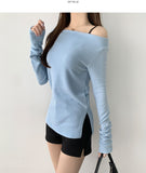 Boat Neck Off-Shoulder Knit Long Sleeve Slit Slim Fit T-Shirt