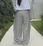 Stripe Loose Fit Folding Wide Banding Seersucker Pants