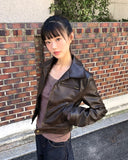 Dunen Collar Zipper Pocket Biker Washing Leather Jacket