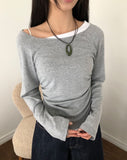 Elan Color Matching Shirring One-Shoulder Long-Sleeve T-Shirt