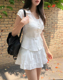 Rib Unbalanced Button Sheer Blouse