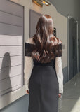 Monta Color Matching Off-Shoulder Knit Layered Shirt