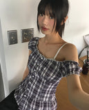 Benha Check Puff Frill Sleeveless Blouse