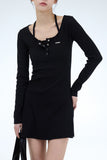 PRTN) Holter Neck Button Layered Short One Piece