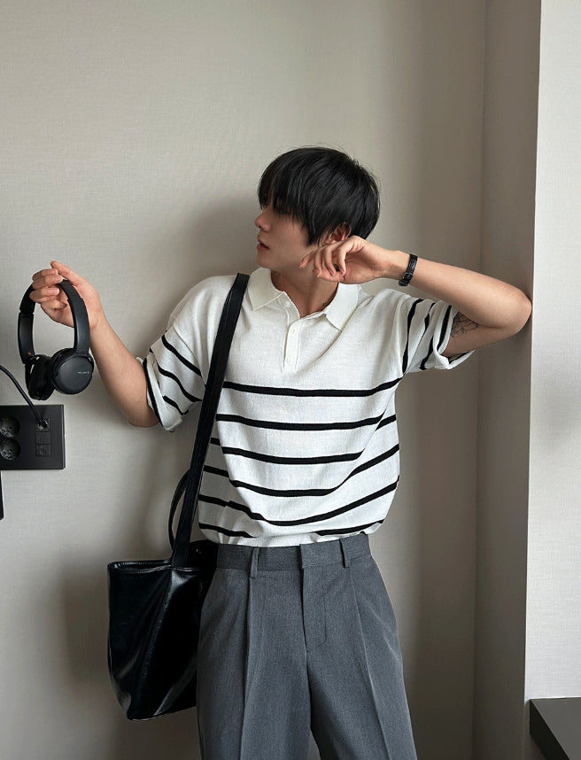 【COSYHARU】V-in stripe button collar short sleeve knit COSYHARU (コシハル) - Vインストライプボタンカラー半袖ニット