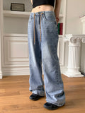 Soan string washing long wide denim pants